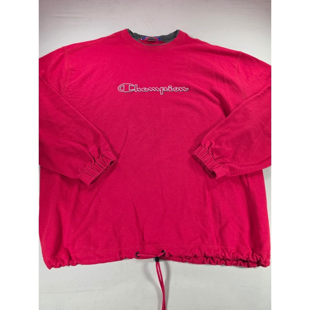 Champion Sweatshirt Mens XL Red Script Logo Drawstring Hem Pullover Crew Neck